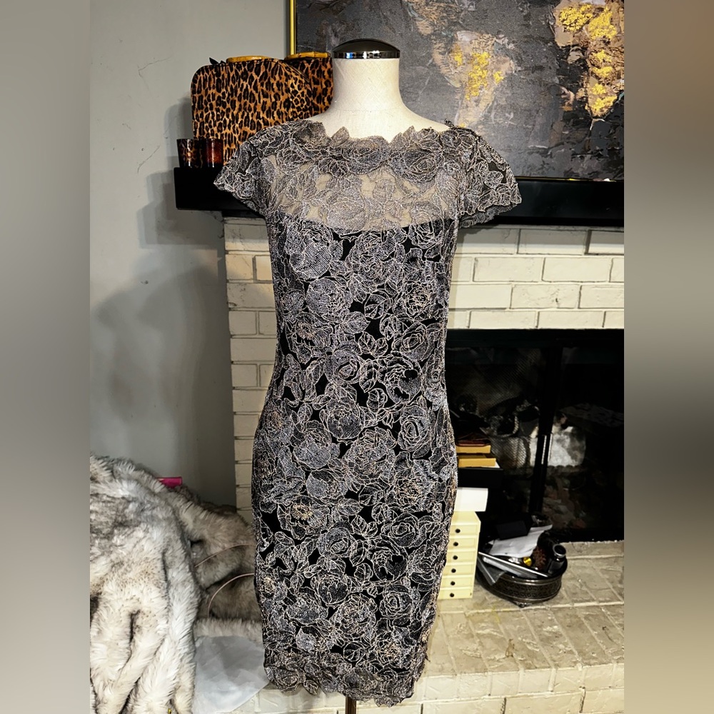 TADASHI SHOJI Metallic Overlay Dress Elegant Homecoming Wedding Party Sheer Sz 2